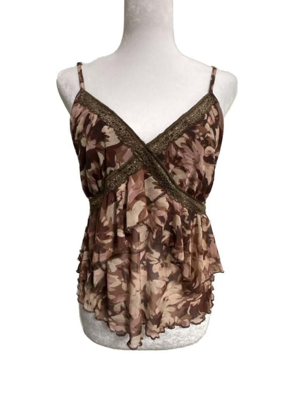 Y2K Babydoll  Floral Mesh Tiered Ruffle Cami Top Lace Goblincore Fairycore L
